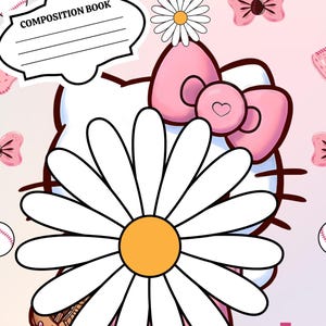 May include: A composition book with a white cover featuring a cartoon character with a large pink bow and a daisy. The background is light pink with baseballs, gloves, and daisies. The top of the book has the words "COMPOSITION BOOK".