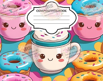Kawaii coffee Composition Notebook PNG digital file 5 editable template bundle.  Canva Editable template- cute coffee cup and donut designs