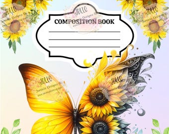 Sunflower Butterfly Composition Notebook PNG digital file editable template/ Canva Editable template- Cute Butterfly and sunflower design