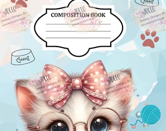 Cat Composition PNG file design 5 editable background- composition notebook Cute kitty,  sophisticated cats with bows and glasses