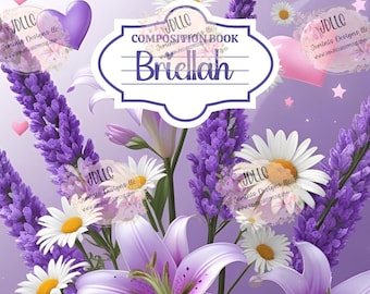 Lavender lilies Composition Notebook PNG digital file 4 non editable bundle.  Canva template- Lilies purple design-only name is editable