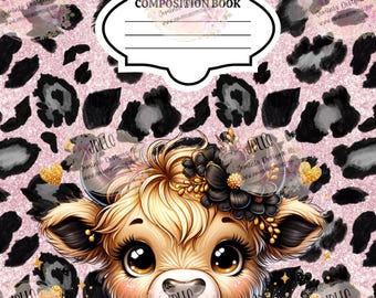 Composition Notebook PNG digital file 5 editable template bundle.  Canva Editable template- Cute leopard Highland ballerina cow design