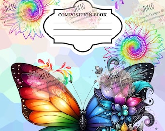 Rainbow Butterfly Composition Notebook PNG digital file editable template/ Canva Editable template- vibrant butterfly and floral design