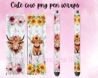 Highland cow pen wrap set of 2[PNG] Digital File| highland cow rustic print penwrap / sunflower/wood/ floral background png| non transparent