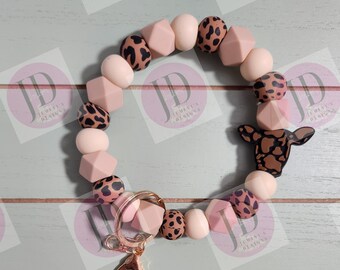 Beaded Bangle Cowhead brown Keychain/beaded Bangle for her/brown cowhead wristlet Bangle bracelet