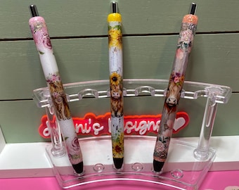 Highland cow & Sunflower pen wrap Glitter pen, Highland cow and calf pink pen Peach floral pen wrap with Lots of vibrant colors.