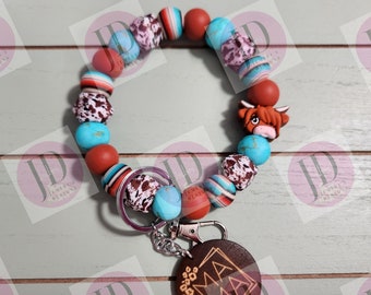 Serape cow Beaded Bangle cowboy/serape/ turquoise Keychain/beaded Bangle Cowboy for her/turquoise serape wristlet Bangle bracelet for her