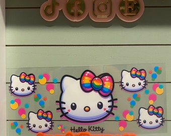 Cute white cat rainbow / kitten and bows | uvdtf 16oz uvdtf cup wrap ready to press | white cat rainbow wrap| cat wrap