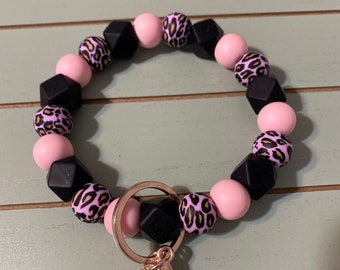 Ready to Ship Beaded Bangle leopard pink black Keychain/beaded leopard print   Keychain/gifts for mom/anxiety beads/car accessory