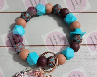 Beaded Bangle Cowboy hat & print turquoise and leopard print Keychain/beaded Bangle for her/brown cow wristlet Bangle turquoise and brown