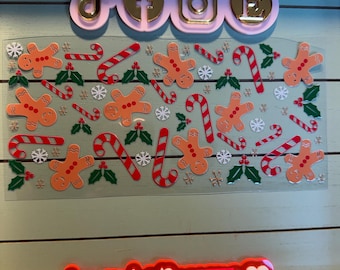 UV DTF 16 oz Glass can Ready to press|  Candy cane's gingerbread Christmas  | uvdtf wrap | Permanent decal | No heat needed | Waterproof