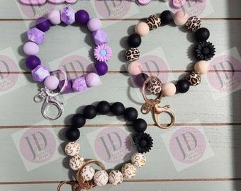 Stretchy/Elastic scrubs Beaded Bangle black & brown or purple sunflower Elastic leopard or marble Keychain/beaded Bangle for her/