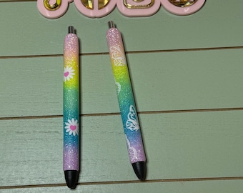 Glitter rainbow pens, heart daisy or butterfly Custom Glitter Pens-Vibrant pastel colors, glitter pens