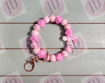 Beaded Bangle daisy cow pink cow print Keychain/beaded Bangle for her/pink cow wristlet/bangle pink bracelet