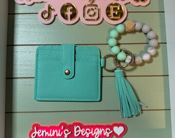 Stretchy/Elastic Beaded pattern grey/ turquoise marble Keychain and wallet /beaded Stretchy Bangle for her wristlet/bangle wallet keychain