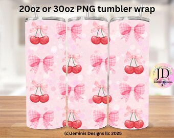 Coquette cherry & bows PNG file design for tumbler sublimation. Pink bows and cherries/ fits 20 or 30 oz tumblers.  PNG Digital file