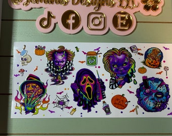 UV DTF 16 oz Glass can Ready to press|  Halloween horror crew| uvdtf wrap | Permanent decal | No heat needed | Waterproof