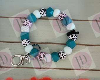 Beaded Bangle Cowboy hat blue-green cow print Keychain/beaded Bangle for her/blue-green cowboy wristlet/bangle