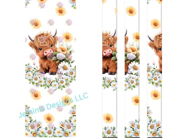 Baby Highland daisy pen wrap [PNG] Digital File| cow png| highland cow print pen wrap |daisy png|Baby highland cow png| Transparent Backgrnd