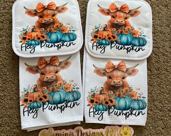 Highland cow microfiber kitchen towel and pot holders/ Hey Pumpkin and Highland cow fall set of 4.  2 Dishtowels and 2 pot holders