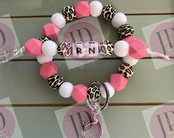 Ready to Ship Beaded Bangle pink leopard print Keychain/ RN Keychain or both /beaded Bangle for her/pink wristlet/bangle pink leopard key