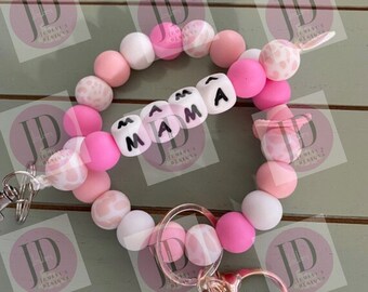 Ready to Ship Beaded Bangle pink cow  print Keychain/ mama Keychain or both /beaded Bangle for her/pink wristlet/bangle pair