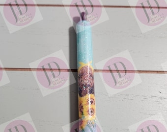 Highland cow & Sunflower aqua pen wrap Glitter pen, pen wrap with Lots of vibrant colors sparkle.   Gorgeous glitter pen