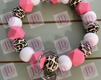 Ready to Ship Beaded Bangle pink leopard print Keychain/beaded Bangle for her/pink wristlet/bangle pink leopard bracelet