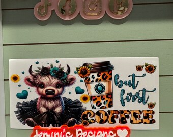 UV DTF Ready to Apply| but first coffee ballerina cow uvdtf wrap/ turquoise and leopard | Permanent decal | No heat needed | Waterproof