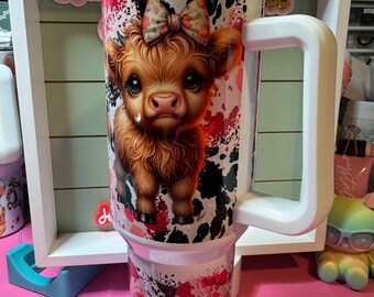 One boujee heifer , cow print , 40oz  tumbler,  red highland with bows tumbler/ boujee tumbler/boujee cow tumbler