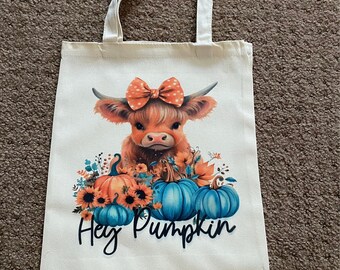 Canvas tote bag/ Hey Pumpkin and Highland cow bag/Reusable shopping bag/Vibrant Fall canvas bag/Fall tote/Cow tote/Highland cow tote