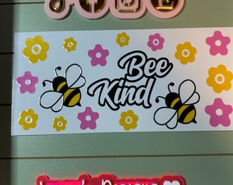 UV DTF 16 or 20 oz Glass can Ready to Apply | Be Kind flower & bee | uvdtf wrap | Permanent decal | No heat needed | Waterproof material