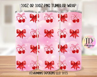 Coquette cherry & bows bubbles PNG file design for tumbler sublimation. Pink bows and strawberry/ fits 20 or 30 oz tumblers/PNG Digital file