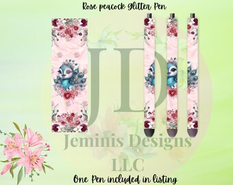 pink Peacock glitter pen wrap pen, pen wrap with Lots of vibrant colors sparkle. Peacock glitter pen and flowers/ floral peacock pen