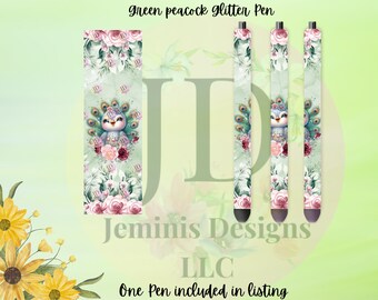 Green Peacock glitter pen wrap pen, pen wrap with Lots of vibrant colors sparkle. Peacock glitter pen and flowers/ floral peacock pen