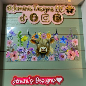 UV DTF 16 oz Glass can Ready to Apply| Highland cow head & flowers uvdtf wrap | Permanent decal | No heat needed | Waterproof material