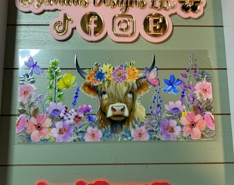 UV DTF 16 oz Glass can Ready to Apply| Highland cow head & flowers uvdtf wrap | Permanent decal | No heat needed | Waterproof material