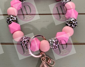 Ready to Ship Beaded Bangle two tone/pink leopard /Keychain/beaded Bangle for her/pink Keychain/beaded leopard bangle bracelet