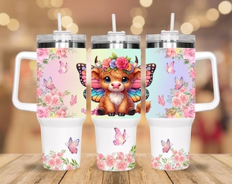 Highland butterfly pink, 40oz , butterfly cow tumbler,  Highland baby cow & flowers tumbler, gift for he