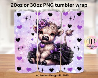 Purple Ballerina 2 cow PNG file design for tumbler sublimation. Purple ballerina highland cow fits 20 or 30 oz tumblers.  PNG Digital file