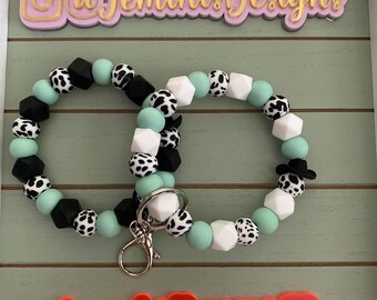 Beaded Bangle Cowboy hat black or white cow print Keychain/beaded Bangle for her/black or white with light marble green wristlet