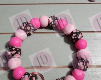 Beaded Bangle floral pink print Keychain/beaded Bangle for her/pink flower wristlet/bangle Keychain