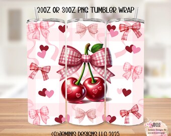Coquette pink cherry & bows PNG file design for tumbler sublimation. Pink bows and strawberry/ fits 20 or 30 oz tumblers.  PNG Digital file