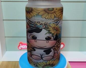 Cute Cow sunflower tumbler, 16oz glass w/ bamboo lid/resin glitter mama lid/ 16oz sublimated glass can