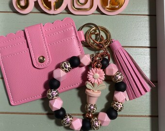 Beaded Bangle opal pink leopard /Keychain/beaded Bangle for her with wallet/Pink leopard opal Keychain/  bangle bracelet and wallet combo
