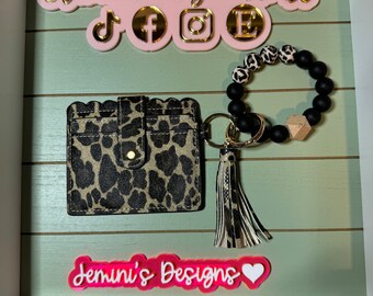 Stretchy/Elastic Beaded leopard, animal print brown marble Keychain and wallet /beaded Stretchy Bangle  wristlet/bangle wallet keychain