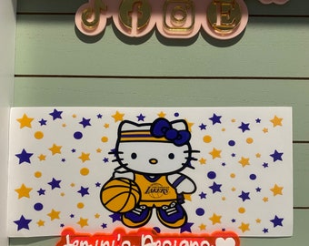 Basketball kitty/ yellow and purple/uvdtf cup wrap/ ready to press/ no heat needed/ waterproof.  Will fit 16 or 20 oz glass cans