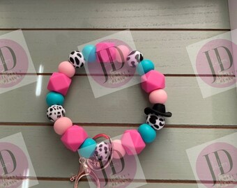 Beaded Bangle Cowboy hat teal & pink cow print Keychain/beaded Bangle for her/teal and pink cowboy wristlet/bangle