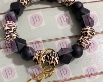 Ready to Ship Beaded Bangle black leopard print Keychain/beaded Bangle black leopard wristlet/bangle leopard bracelet