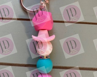 Ready to Ship Adorable Pink and teal cowboy hat beaded Keychain/beaded mini Keychain/pink & teal cowboy hat dangle Keychain